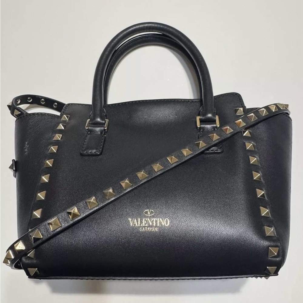 Valentino Garavani Rockstud Black Leather  Double Handle Satchel